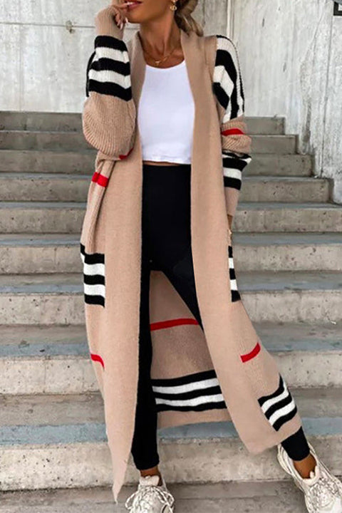 Heididress Open Front Color Block Striped Splice Long Sweater Cardigan
