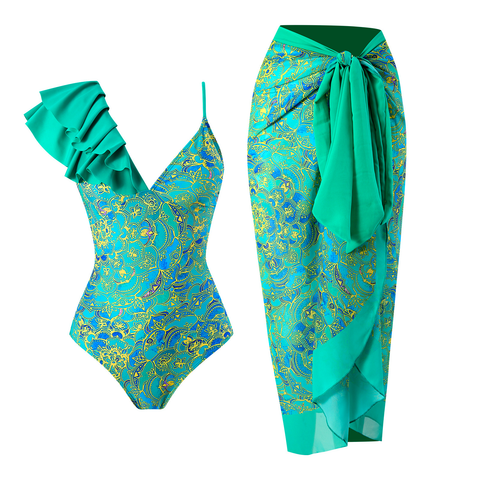 Heididress Printed V Neck Ruffle One-piece Swimsuit and Wrap Cover Up Skirt Set