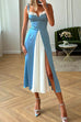 Heididress Tie Shoulder Color Block Splice Swing Midi Cami Dress