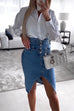 Heididress High Waist Slit Front Knee Length Denim Skirt