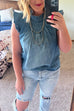 Heididress Mockneck Flutter Sleeves Ruched Denim Top