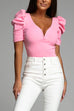 Heididress V Neck Bubble Sleeve Solid Slim Knitting Top