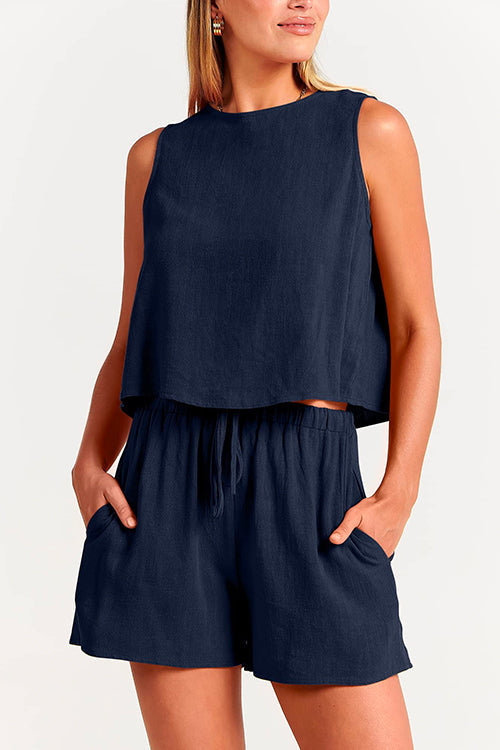 Heididress Solid Crewneck Crop Tank Top Drawstring Waist Shorts Set