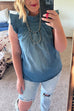 Heididress Mockneck Flutter Sleeves Ruched Denim Top
