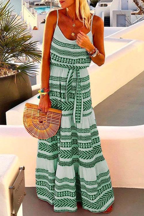 Heididress Bohemia V Neck Tie Waist Printed Maxi Cami Dress