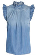 Heididress Mockneck Flutter Sleeves Ruched Denim Top