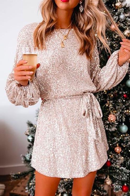 Heididress Solid Lantern Sleeves Tie Waist Sequine Mini Dress