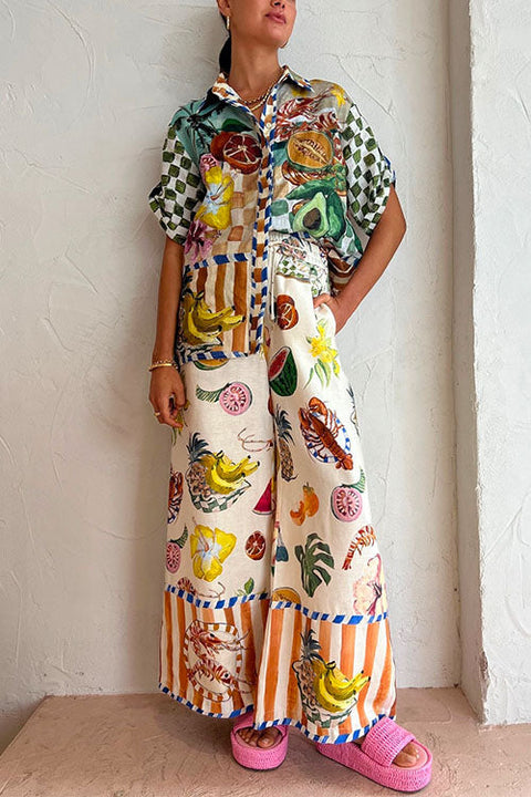Heididress Cotton Linen Short Sleeves Shirt Wide Leg Pants Fruit Printed Set