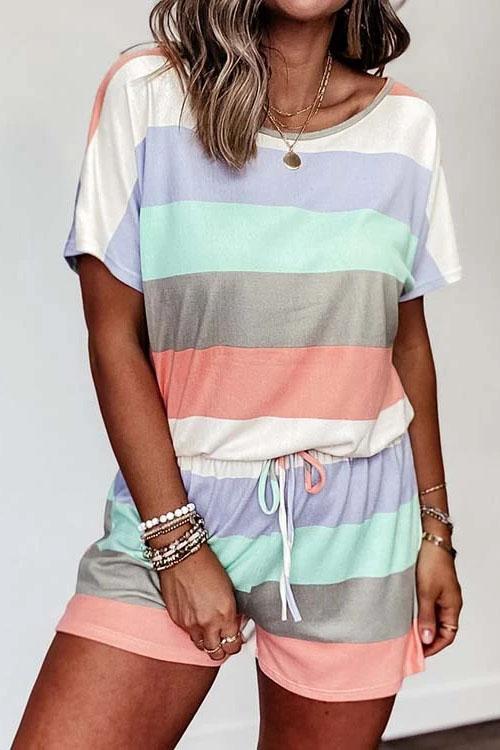 Heididress Striped Color Block Short Sleeves Drawstring Romper