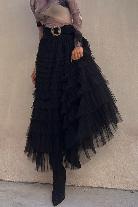 Heididress Ruffle Layered Mesh A-line Maxi Skirt