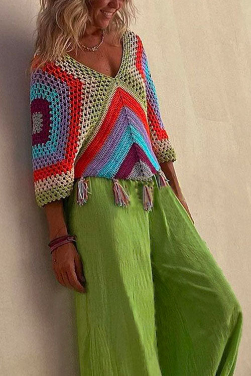 Heididress V Neck Rainbow Color Block Tassel Hollow Out Crochet Top