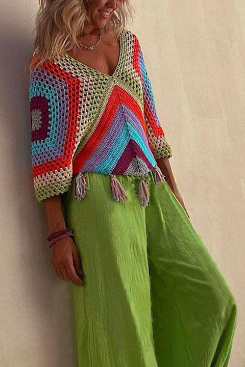 Heididress V Neck Rainbow Color Block Tassel Hollow Out Crochet Top