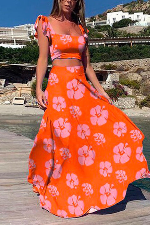 Heididress Square Collar Ruffle Crop Top Maxi Swing Skirt Printed Set