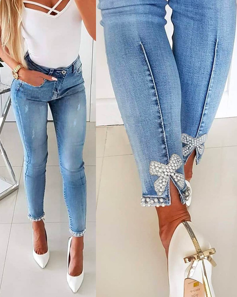 Heididress Bow Knot Pearl Beaded Pencil Denim Pants