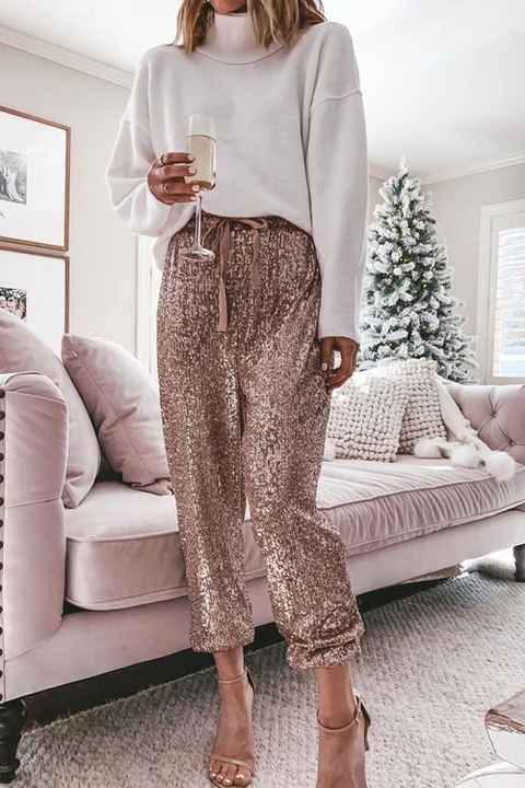 Heididress Drawstring Mid Waist Glitter Sequin Pants